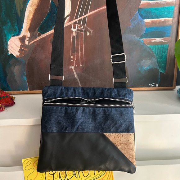 Fetch Handbags - Stylish Denim and Black Crossbody Bag Vegan 9.5"x11"